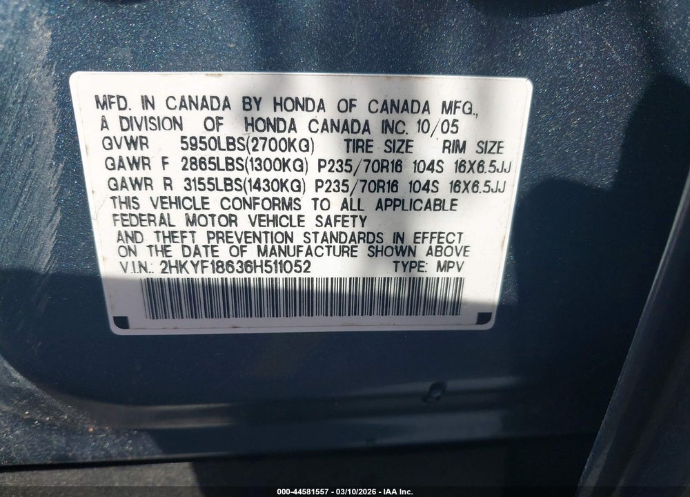 2006 HONDA PILOT EX-L VIN: 2HKYF18636H511052
