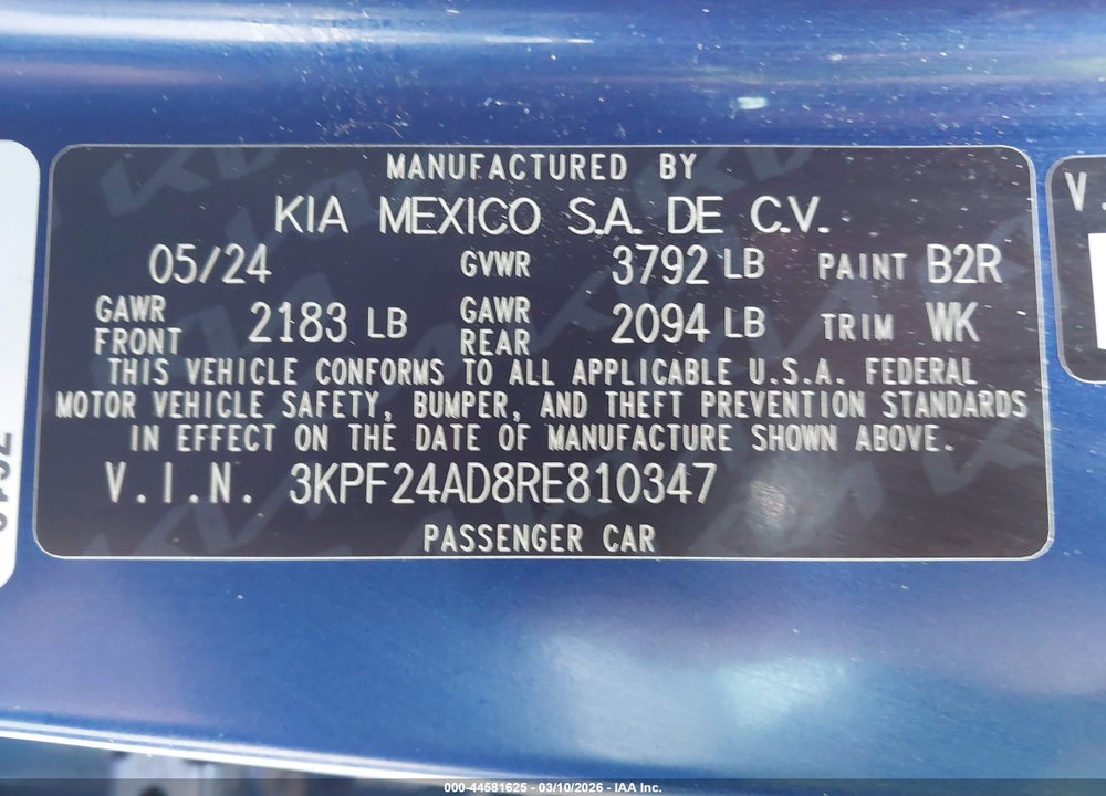 2024 KIA FORTE LXS VIN: 3KPF24AD8RE810347