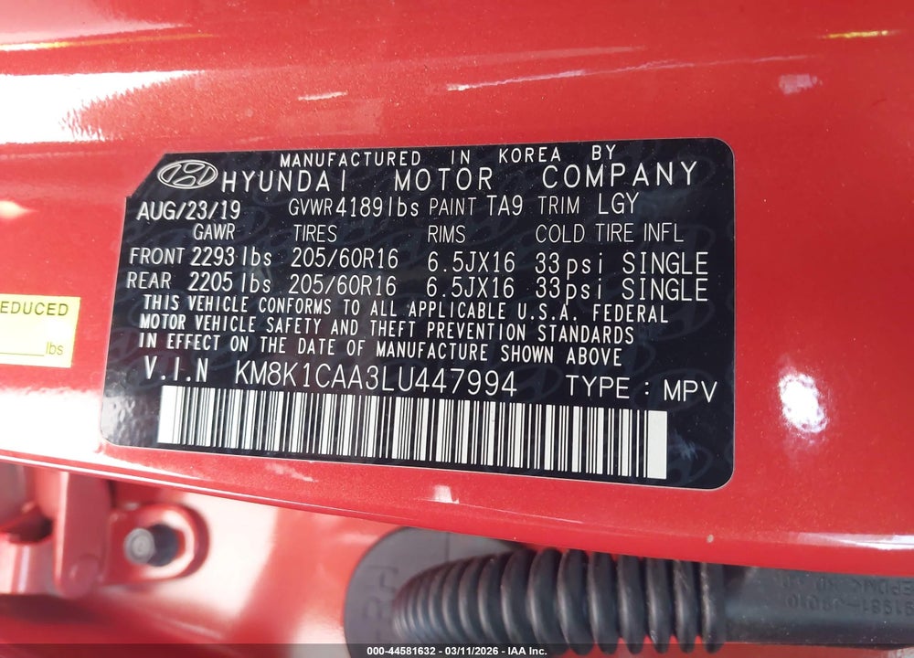 2020 HYUNDAI KONA SE VIN: KM8K1CAA3LU447994
