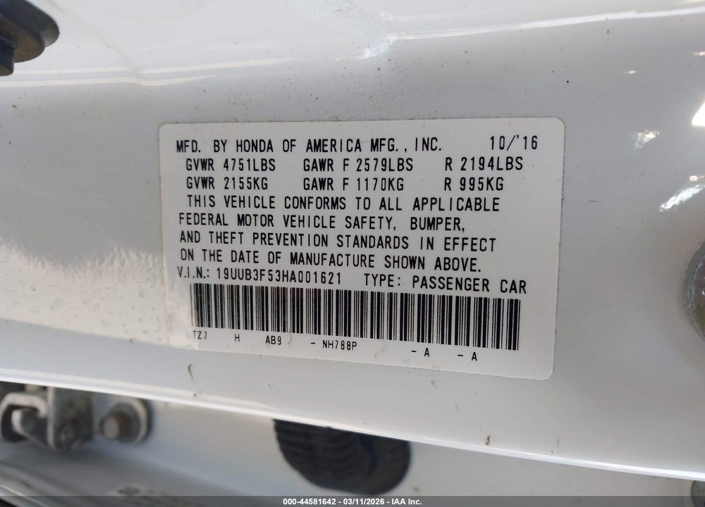 2017 ACURA TLX TECHNOLOGY PACKAGE VIN: 19UUB3F53HA001621