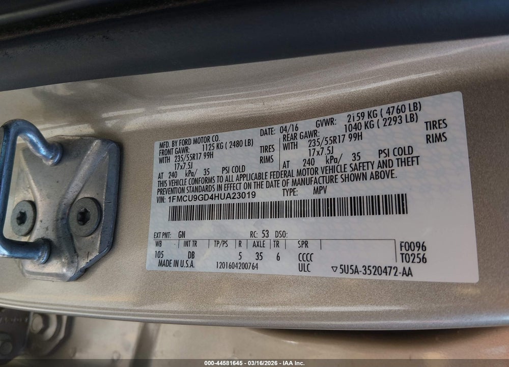 2017 FORD ESCAPE SE VIN: 1FMCU9GD4HUA23019