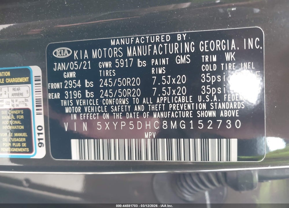 2021 KIA TELLURIDE SX VIN: 5XYP5DHC8MG152730