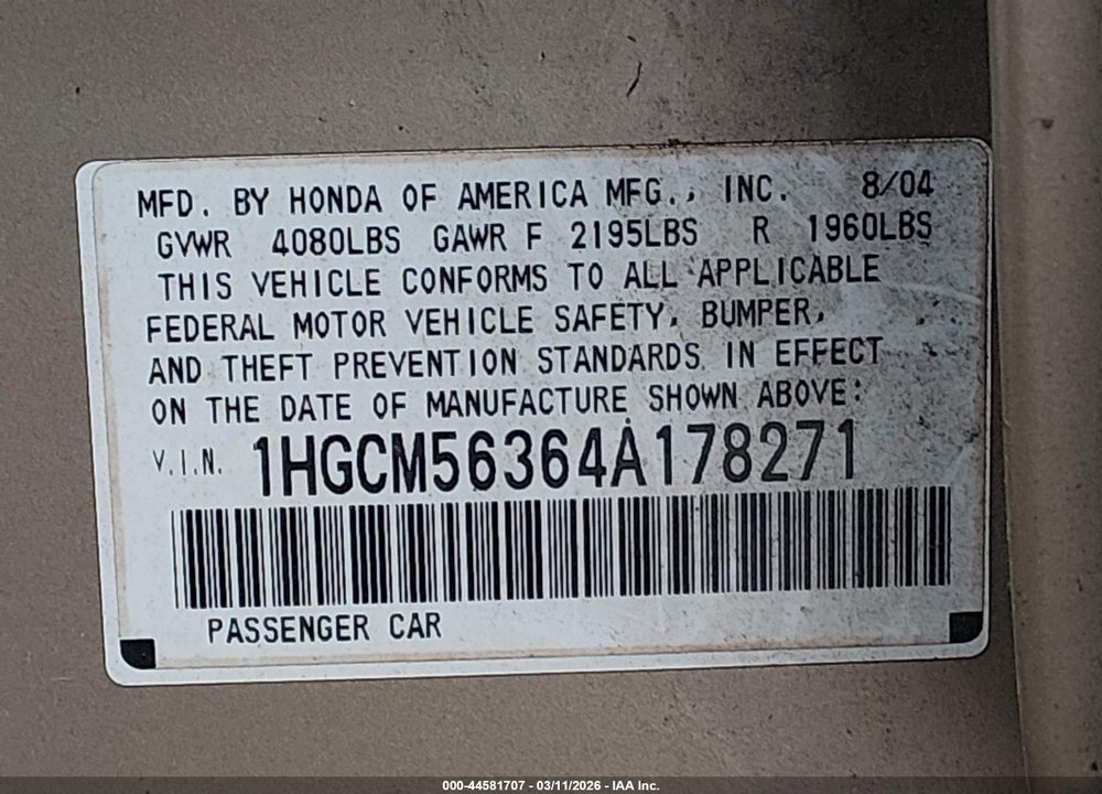 2004 HONDA ACCORD 2.4 LX VIN: 1HGCM56364A178271