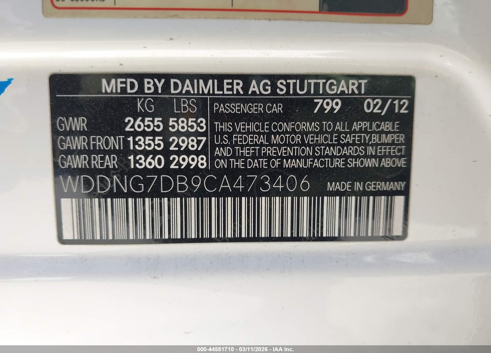 2012 MERCEDES-BENZ S 550 VIN: WDDNG7DB9CA473406