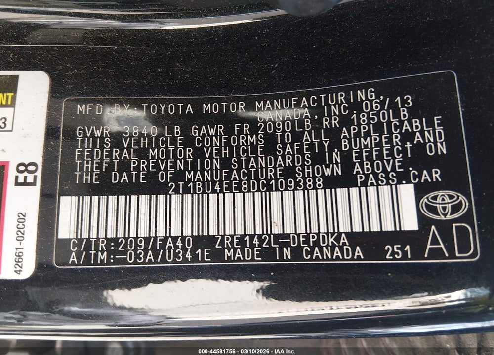 2013 TOYOTA COROLLA L VIN: 2T1BU4EE8DC109388