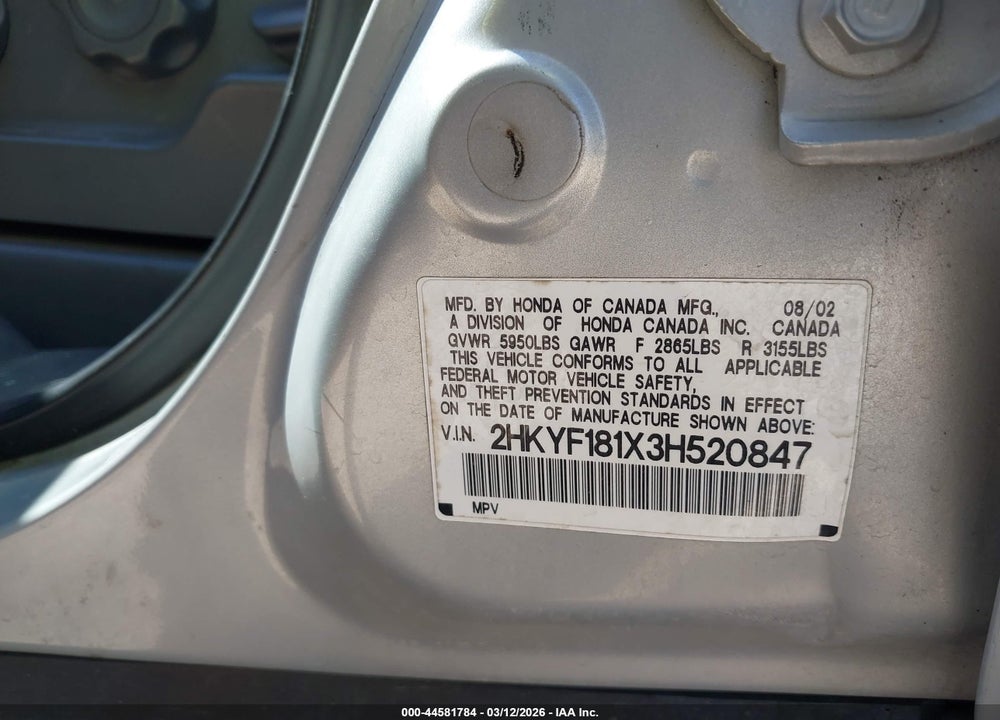 2003 HONDA PILOT LX VIN: 2HKYF181X3H520847
