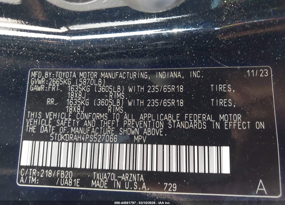 2023 TOYOTA HIGHLANDER L VIN: 5TDKDRAH4PS527066