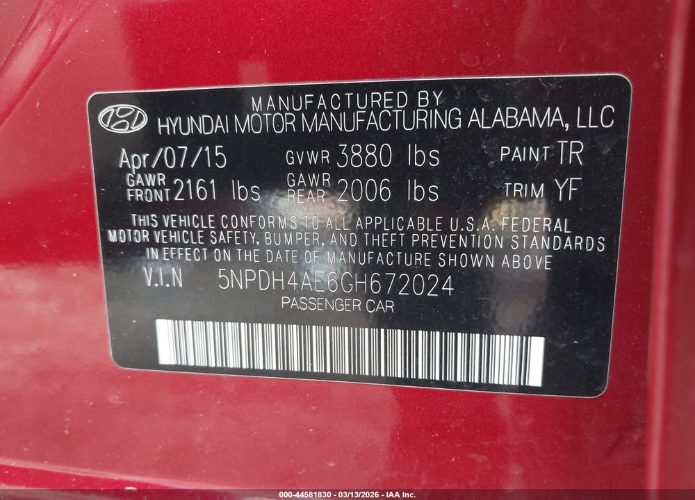 2016 HYUNDAI ELANTRA VALUE EDITION VIN: 5NPDH4AE6GH672024