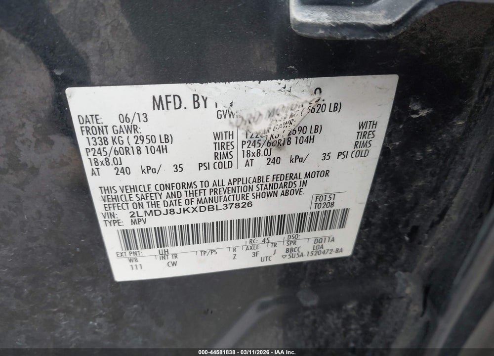 2013 LINCOLN MKX VIN: 2LMDJ8JKXDBL37826