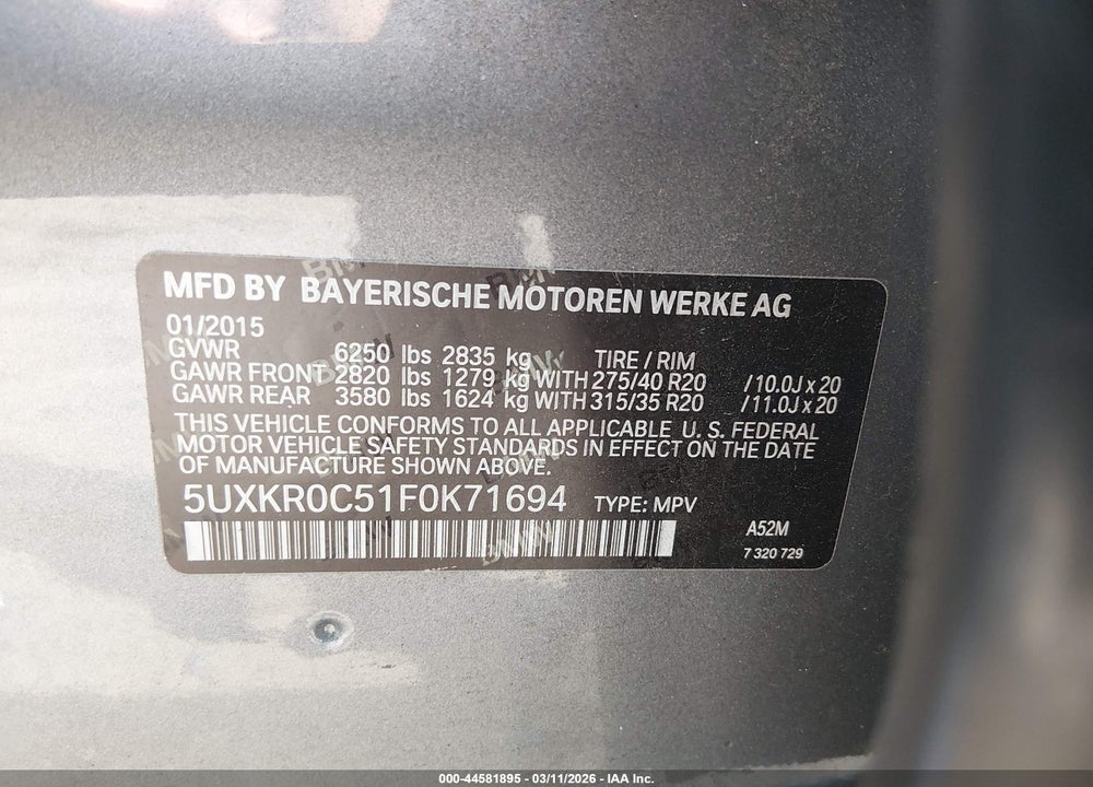 2015 BMW X5 XDRIVE35I VIN: 5UXKR0C51F0K71694