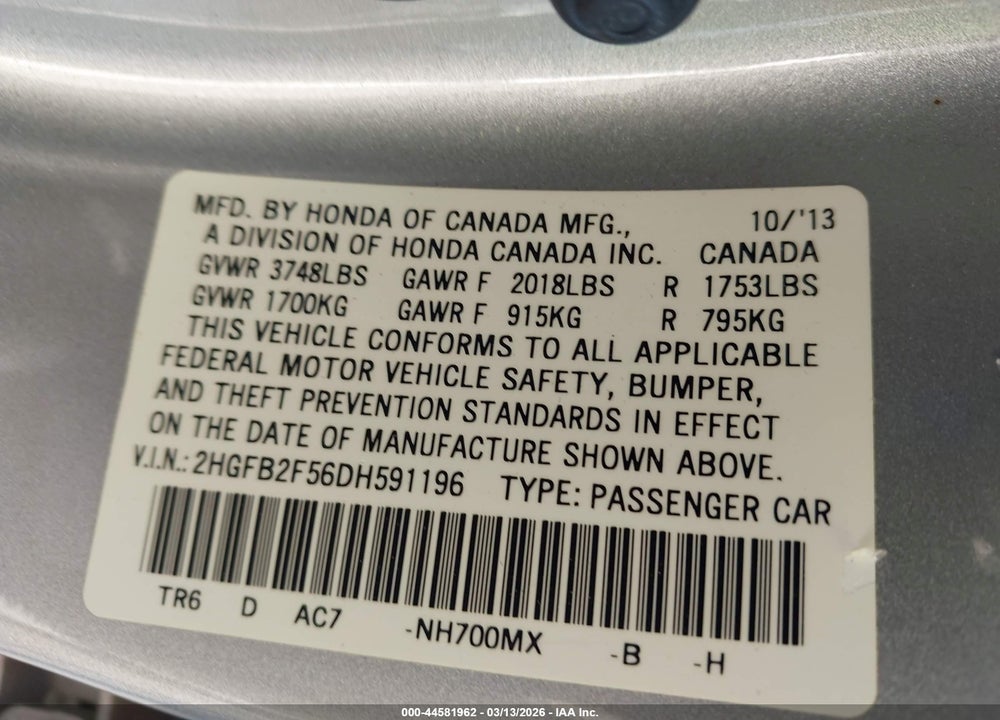 2013 HONDA CIVIC LX VIN: 2HGFB2F56DH591196