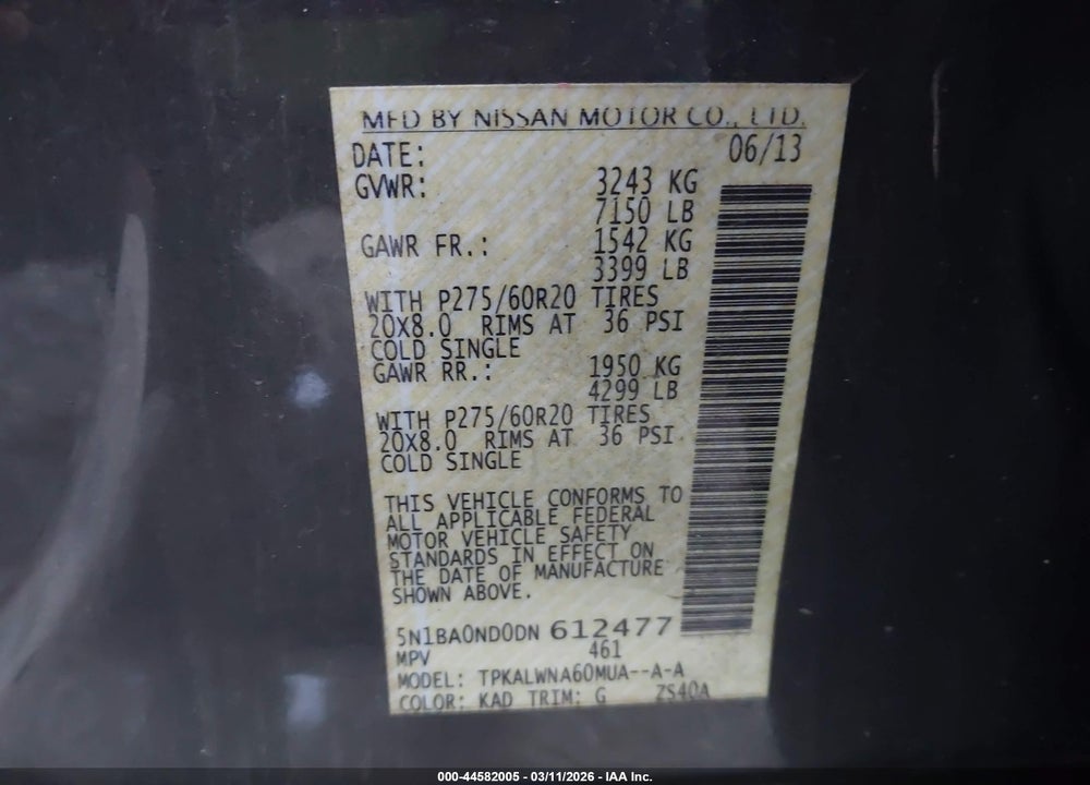 2013 NISSAN ARMADA PLATINUM VIN: 5N1BA0ND0DN612477