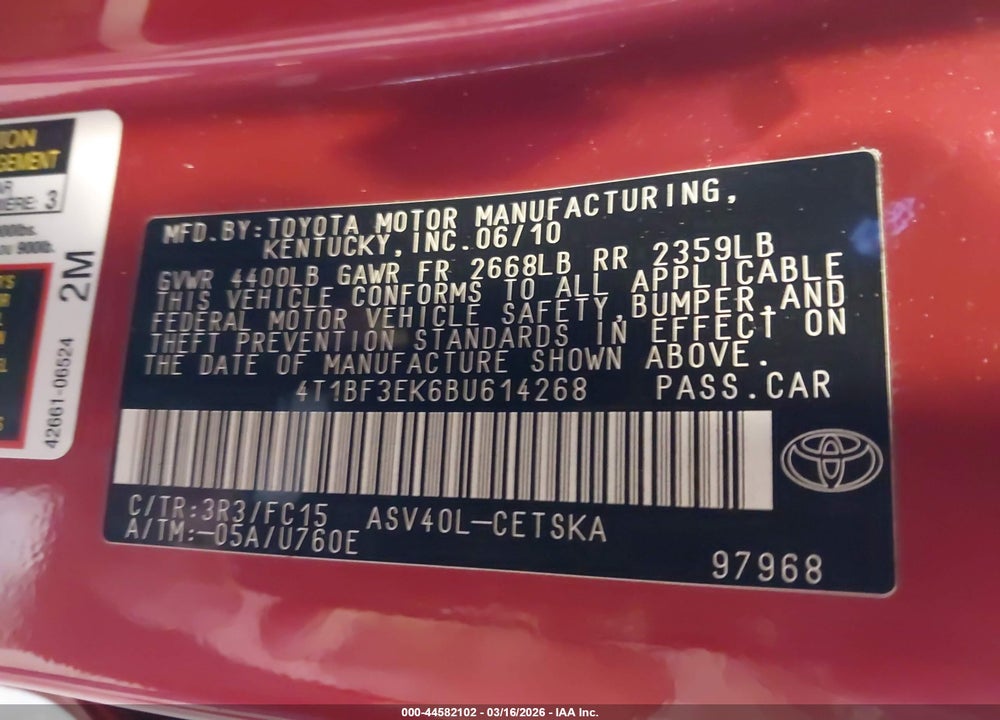2011 TOYOTA CAMRY BASE VIN: 4T1BF3EK6BU614268