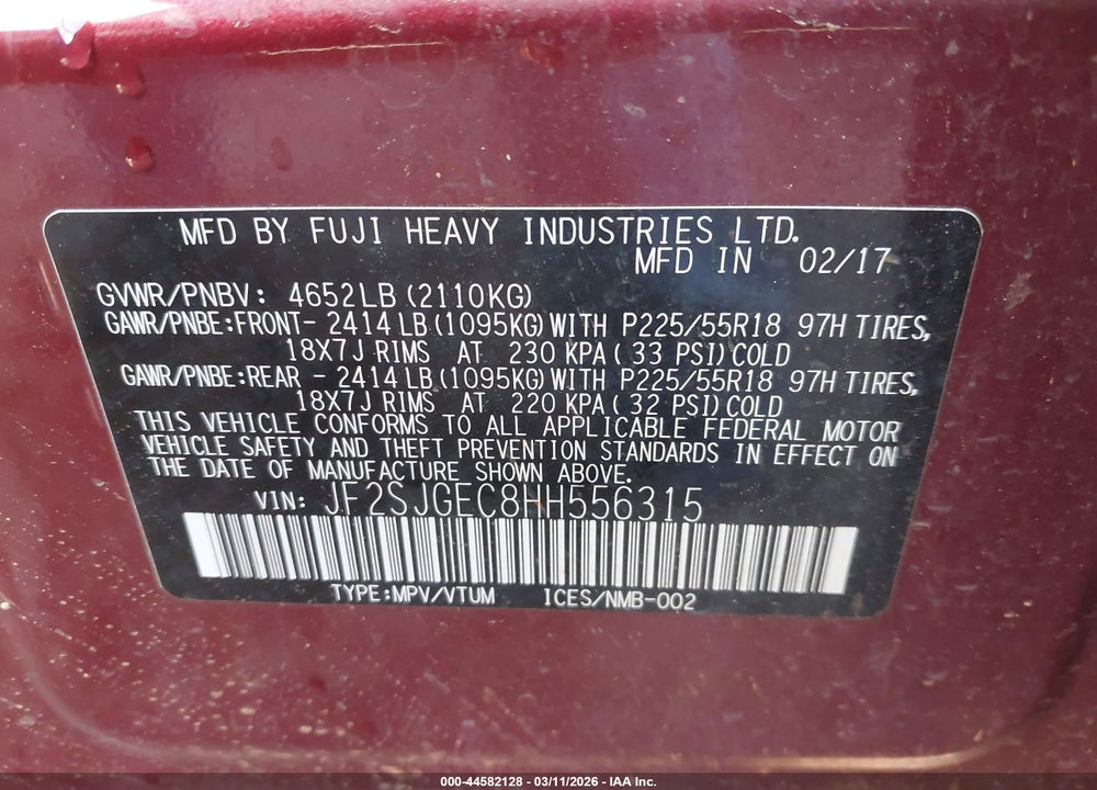 2017 SUBARU FORESTER 2.0XT PREMIUM VIN: JF2SJGEC8HH556315