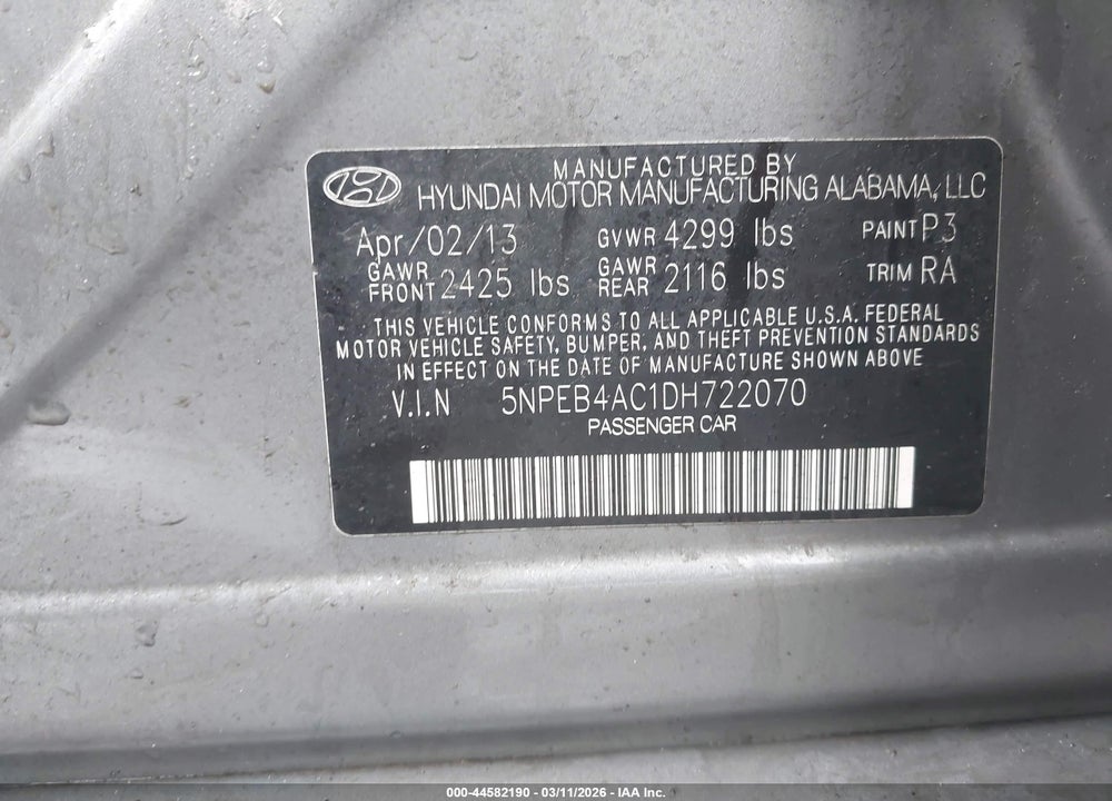 2013 HYUNDAI SONATA GLS VIN: 5NPEB4AC1DH722070