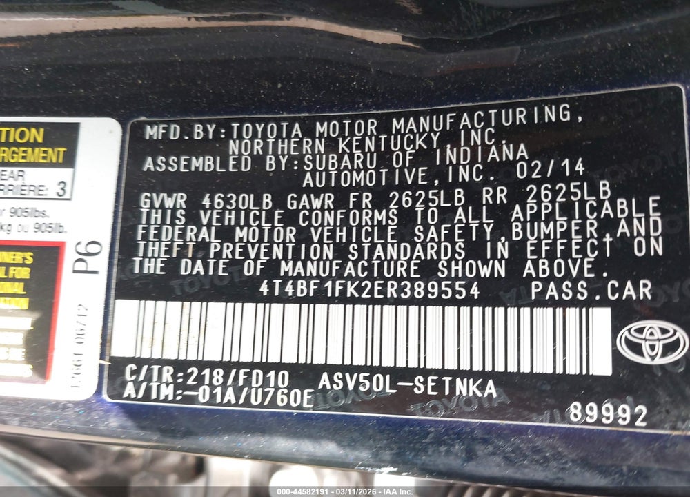 2014 TOYOTA CAMRY LE VIN: 4T4BF1FK2ER389554