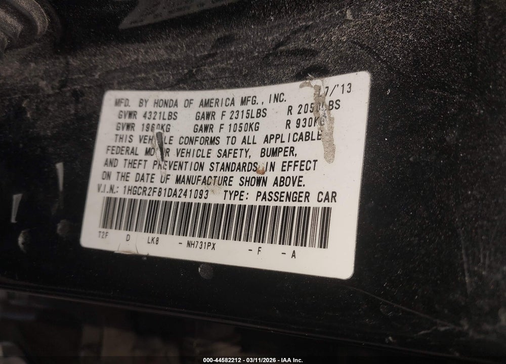 2013 HONDA ACCORD EX-L VIN: 1HGCR2F81DA241093