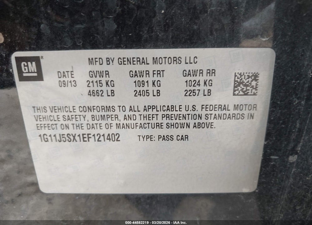 2014 CHEVROLET MALIBU 2LZ VIN: 1G11J5SX1EF121402