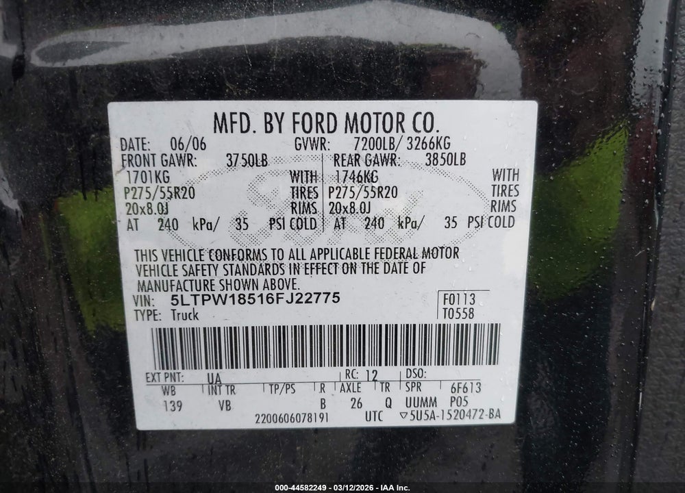 2006 LINCOLN MARK LT VIN: 5LTPW18516FJ22775