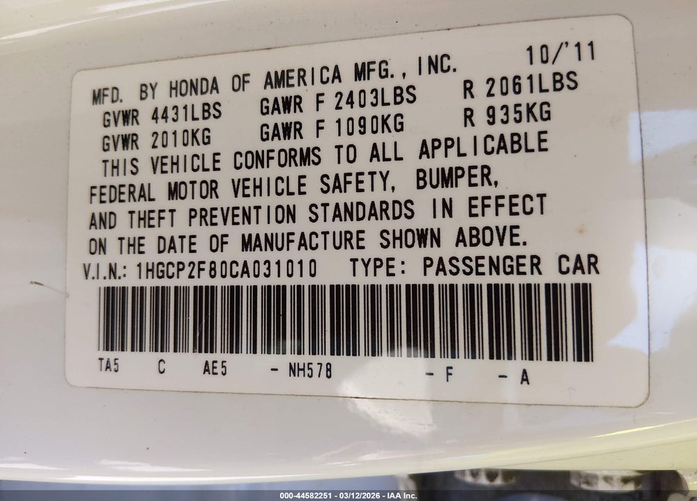 2012 HONDA ACCORD 2.4 EX-L VIN: 1HGCP2F80CA031010