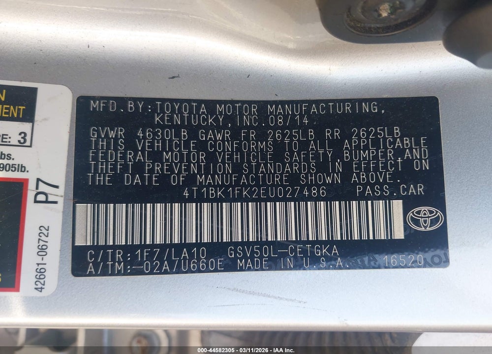 2014 TOYOTA CAMRY XLE V6 VIN: 4T1BK1FK2EU027486