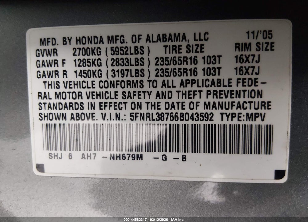 2006 HONDA ODYSSEY EX-L VIN: 5FNRL38766B043592