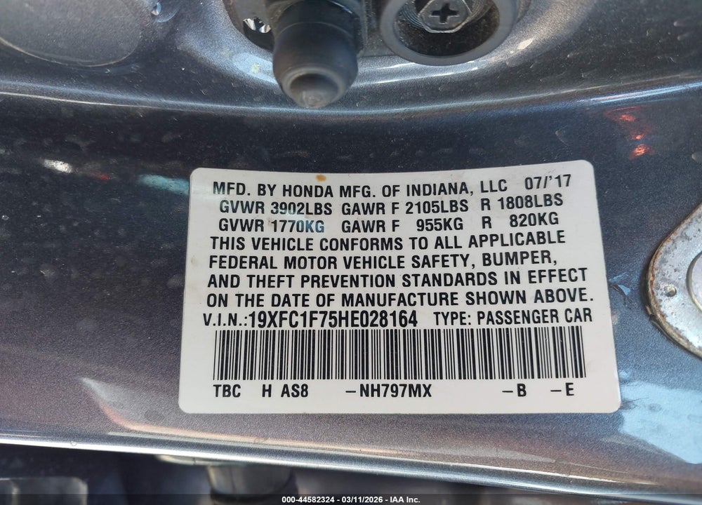2017 HONDA CIVIC EX-L VIN: 19XFC1F75HE028164