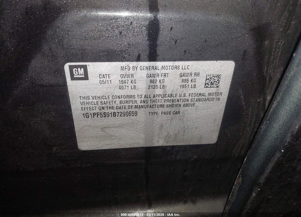 2011 CHEVROLET CRUZE 1LT VIN: 1G1PF5S91B7290659
