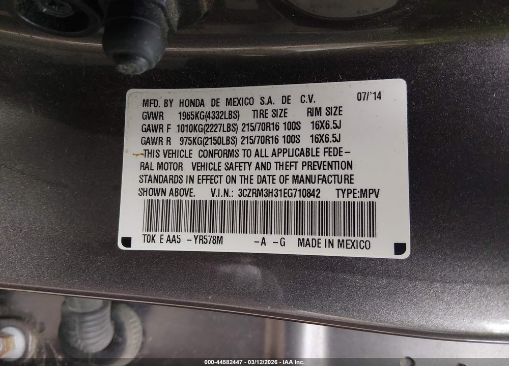 2014 HONDA CR-V LX VIN: 3CZRM3H31EG710842