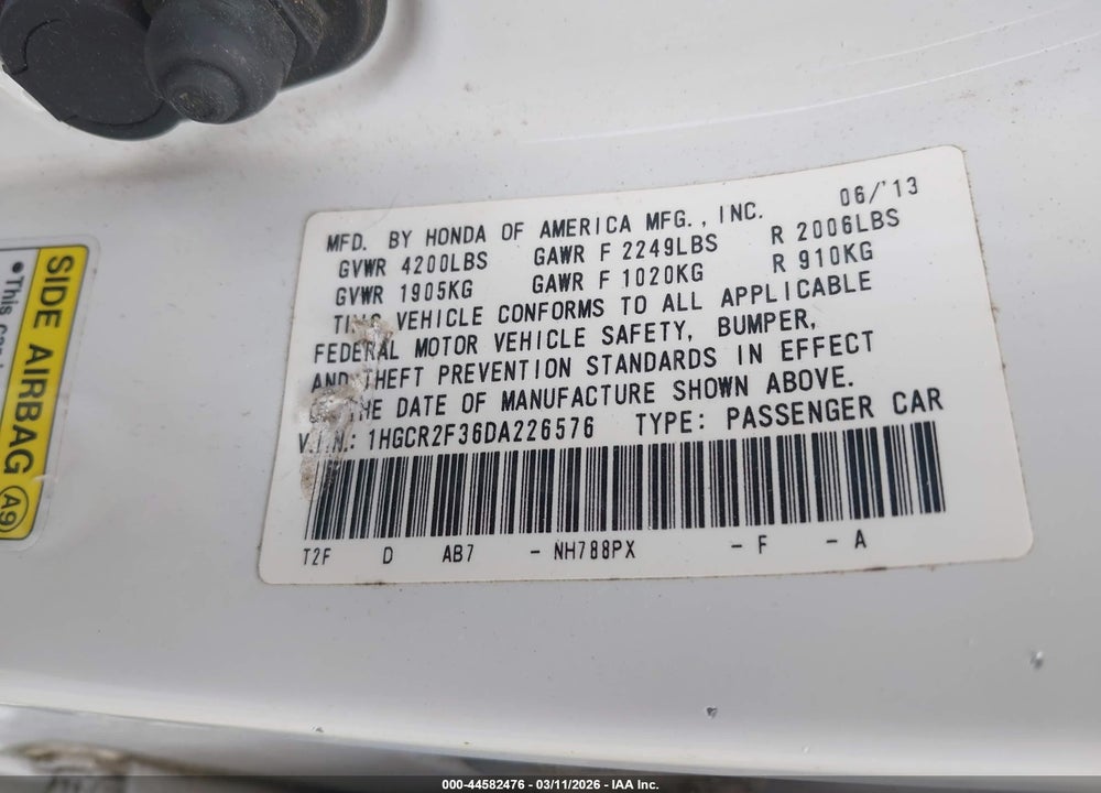 2013 HONDA ACCORD LX VIN: 1HGCR2F36DA226576