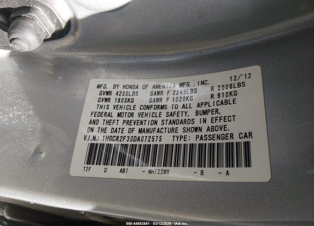2013 HONDA ACCORD LX VIN: 1HGCR2F30DA072575