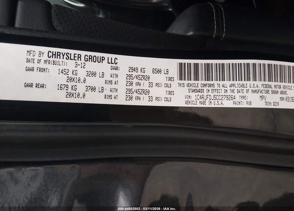 2012 JEEP GRAND CHEROKEE SRT8 VIN: 1C4RJFDJ5CC279264