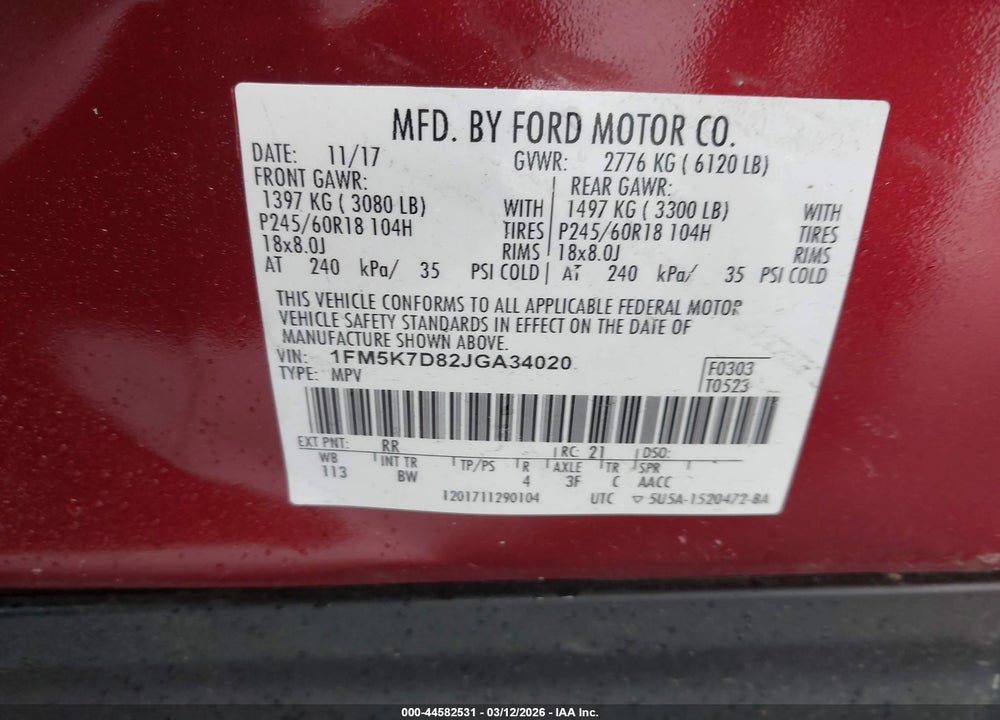 2018 FORD EXPLORER XLT VIN: 1FM5K7D82JGA34020