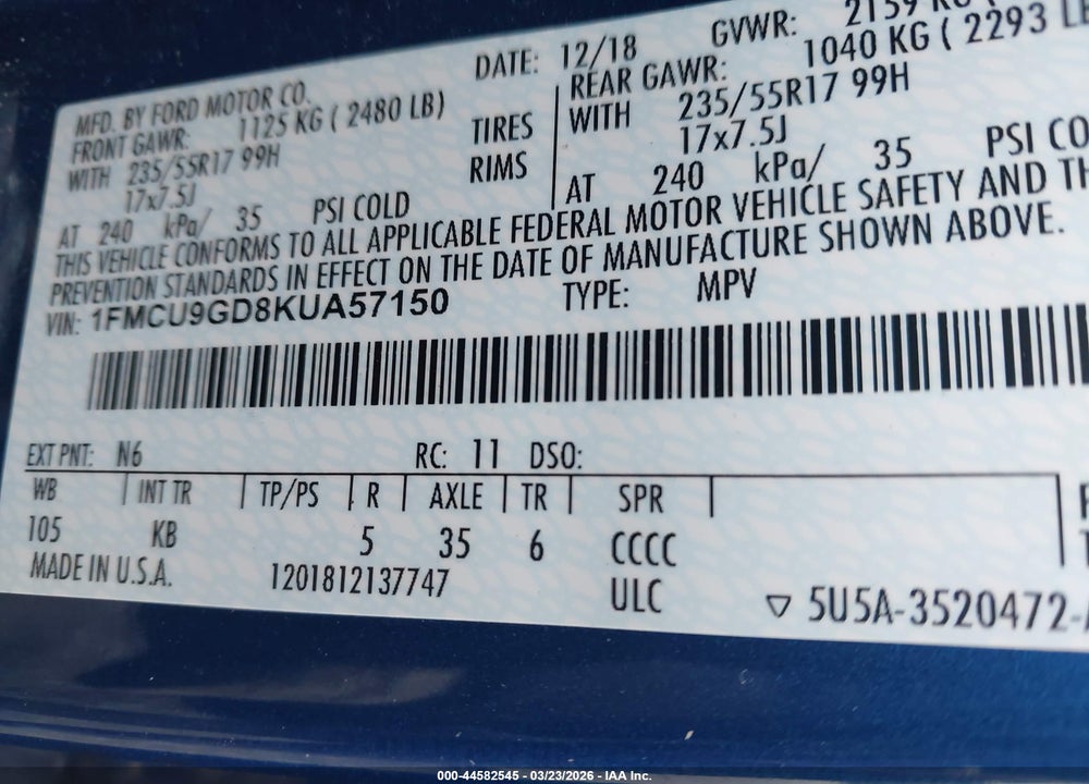 2019 FORD ESCAPE SE VIN: 1FMCU9GD8KUA57150