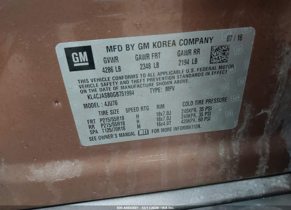 2016 BUICK ENCORE VIN: KL4CJASB0GB751994