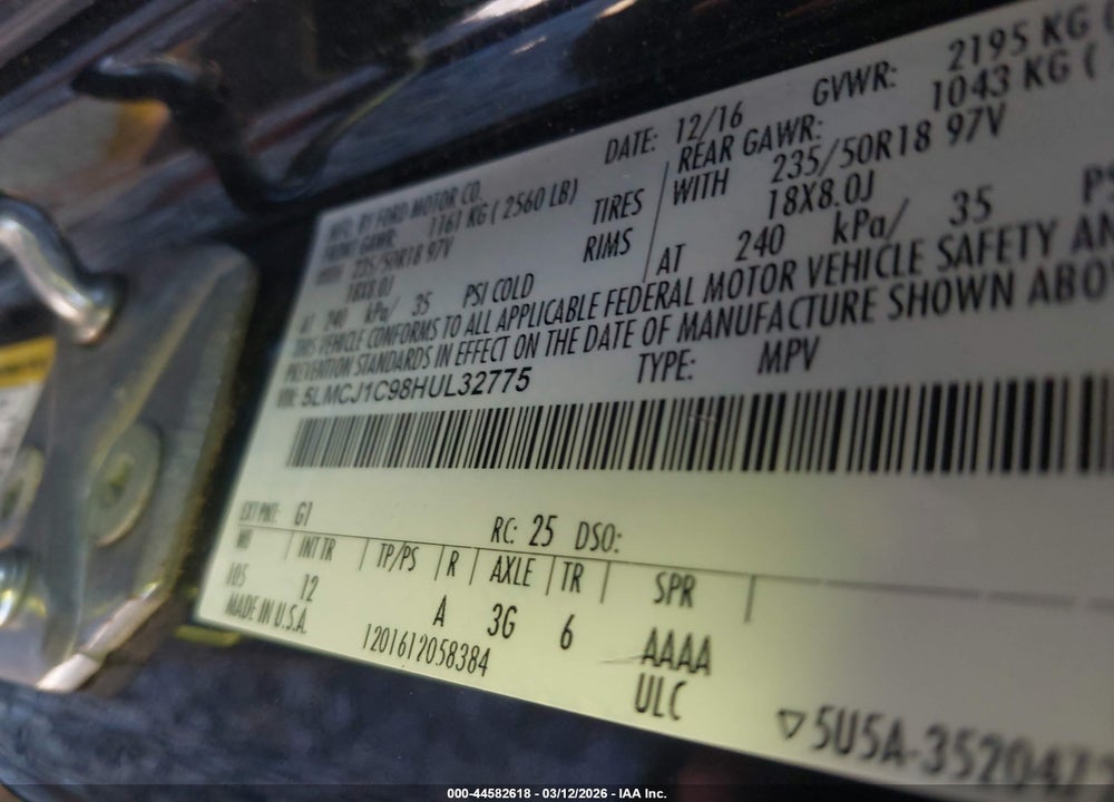 2017 LINCOLN MKC PREMIERE VIN: 5LMCJ1C98HUL32775