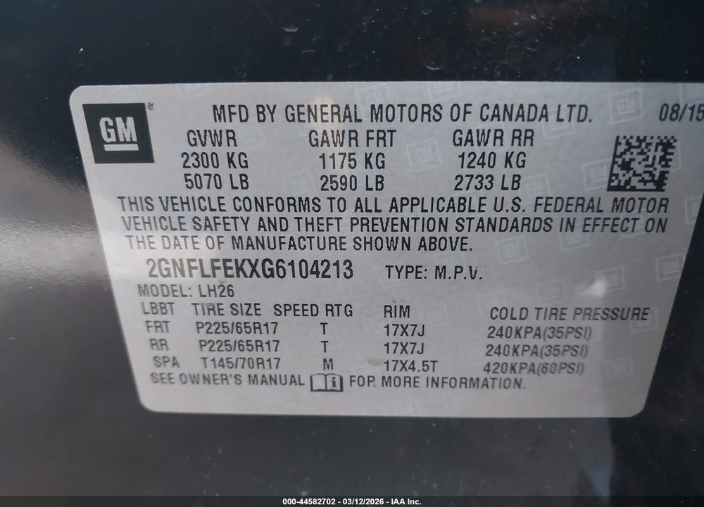2016 CHEVROLET EQUINOX LT VIN: 2GNFLFEKXG6104213