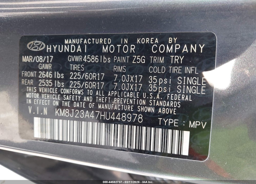 2017 HYUNDAI TUCSON SE VIN: KM8J23A47HU448978