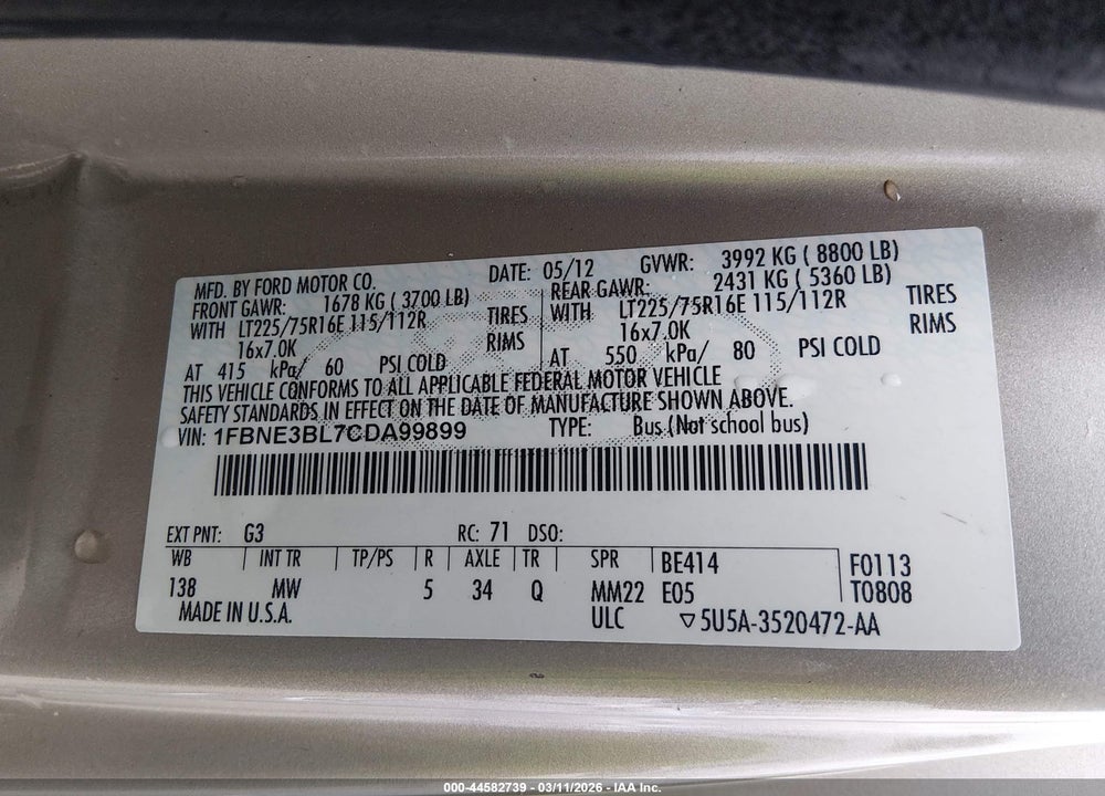 2012 FORD E-350 SUPER DUTY XL/XLT VIN: 1FBNE3BL7CDA99899