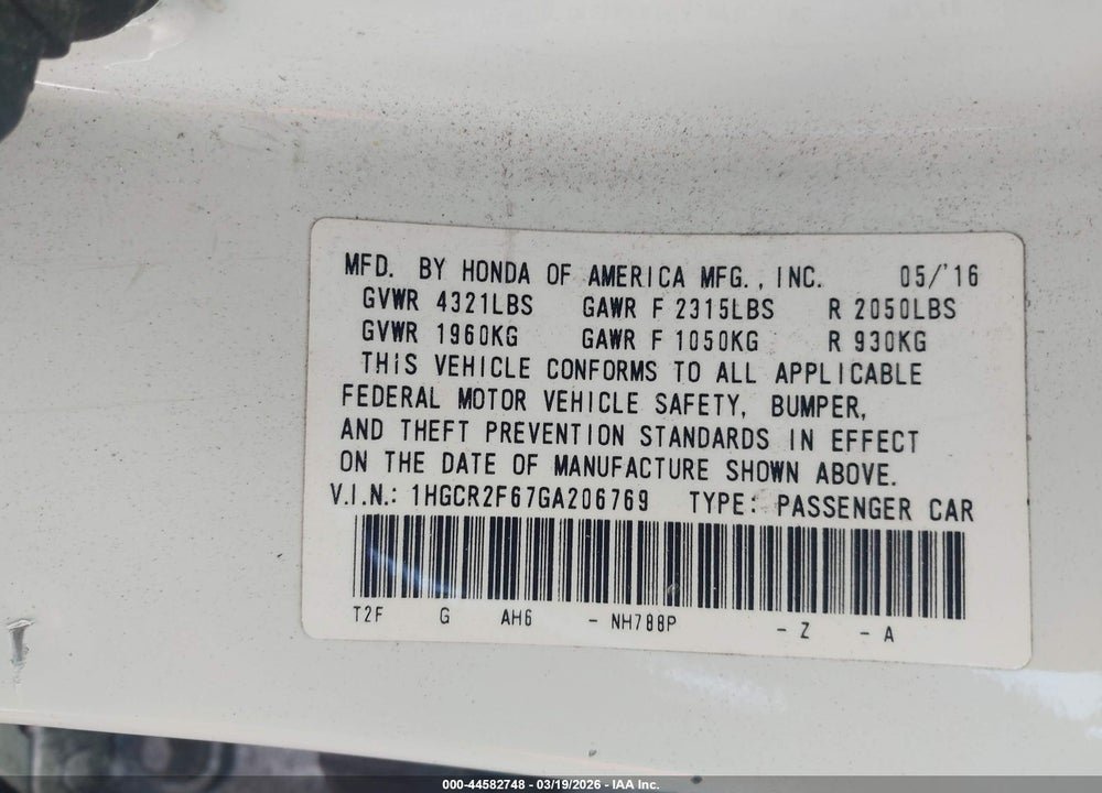 2016 HONDA ACCORD SPORT VIN: 1HGCR2F67GA206769