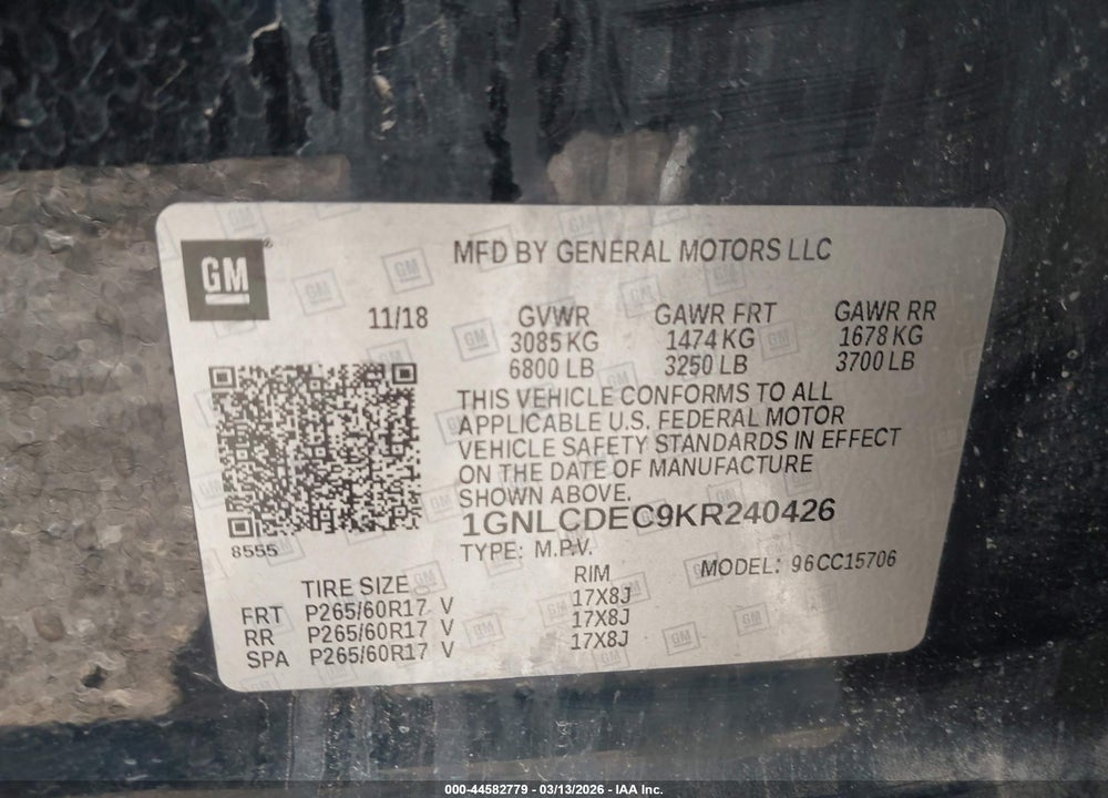 2019 CHEVROLET TAHOE COMMERCIAL FLEET VIN: 1GNLCDEC9KR240426