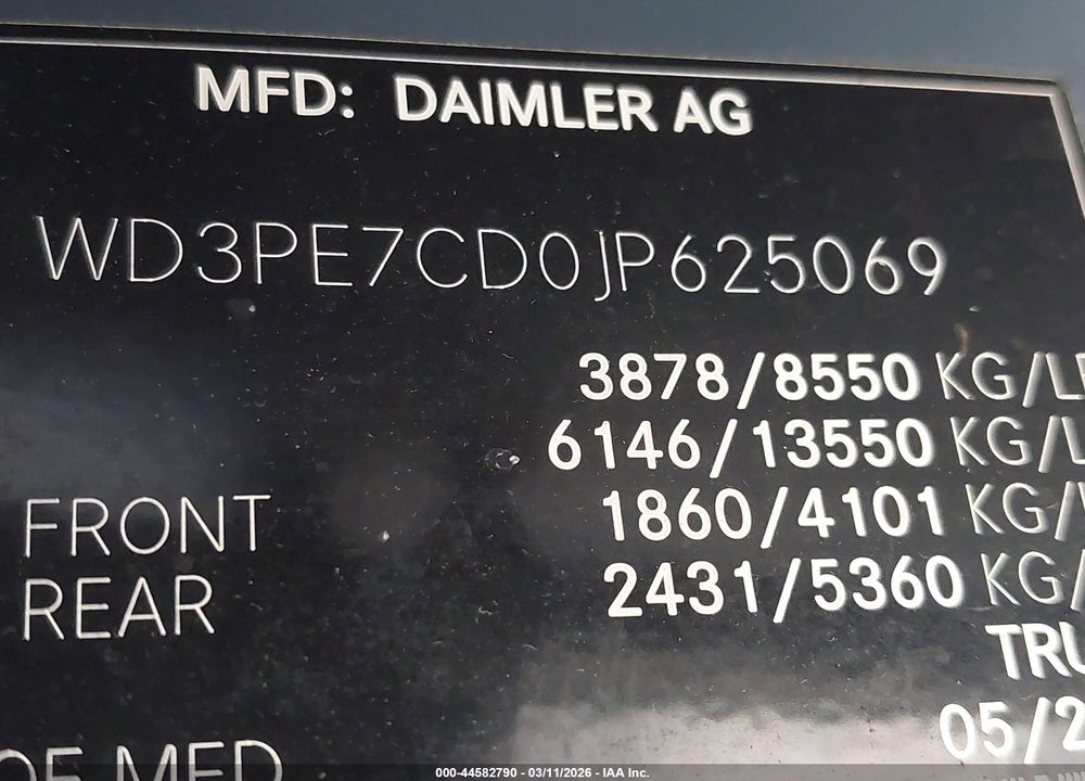 2018 MERCEDES-BENZ SPRINTER 2500 STANDARD ROOF V6 VIN: WD3PE7CD0JP625069