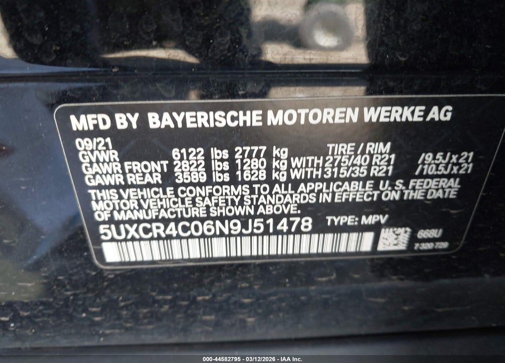 2022 BMW X5 SDRIVE40I VIN: 5UXCR4C06N9J51478