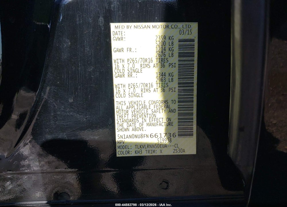 2015 NISSAN XTERRA S VIN: 5N1AN0NU8FN661736