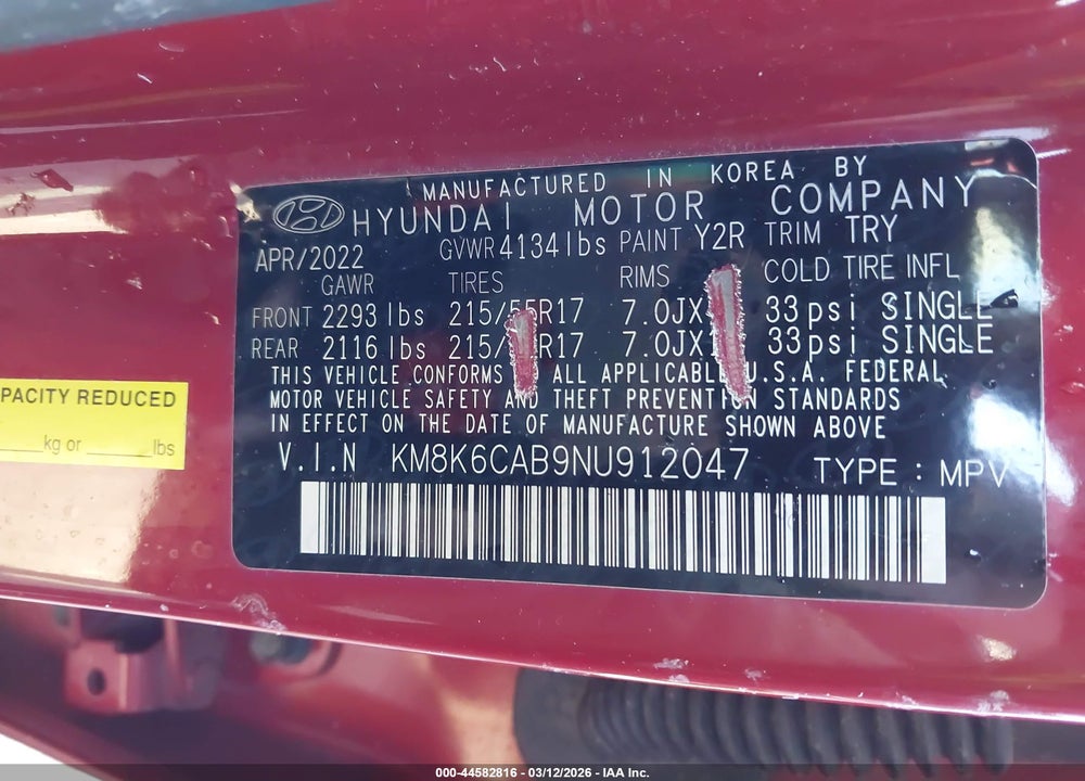 2022 HYUNDAI KONA SEL VIN: KM8K6CAB9NU912047