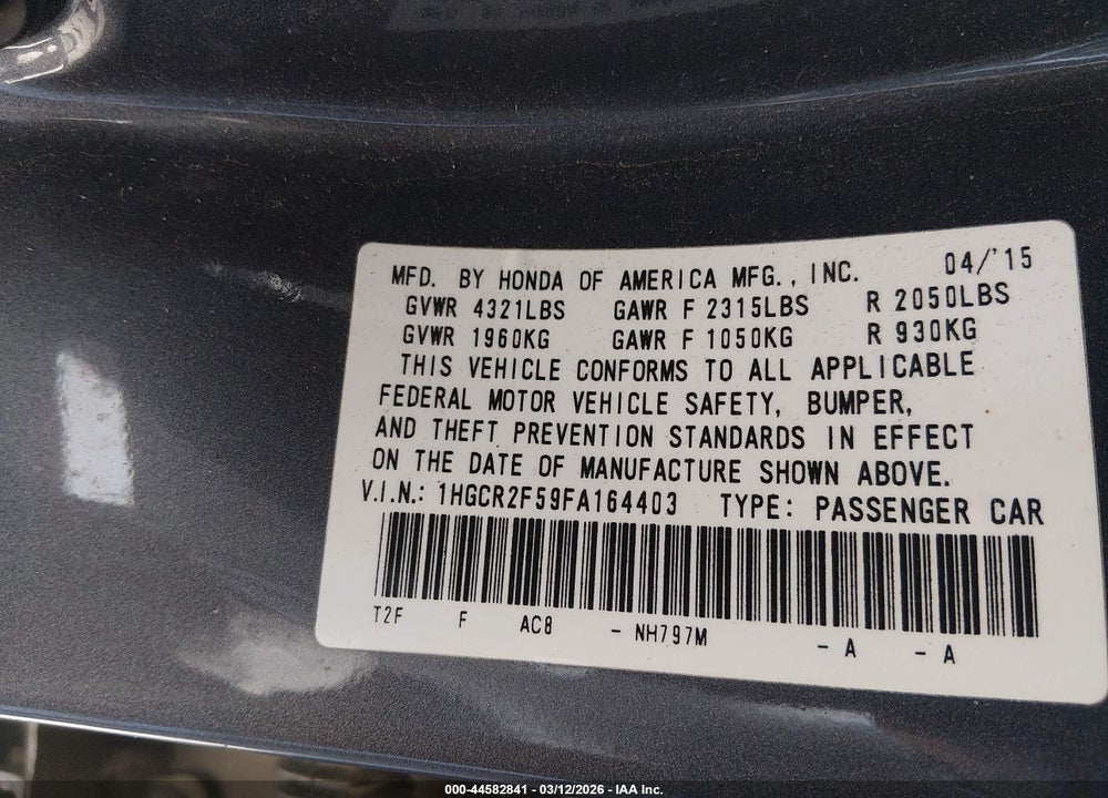 2015 HONDA ACCORD SPORT VIN: 1HGCR2F59FA164403