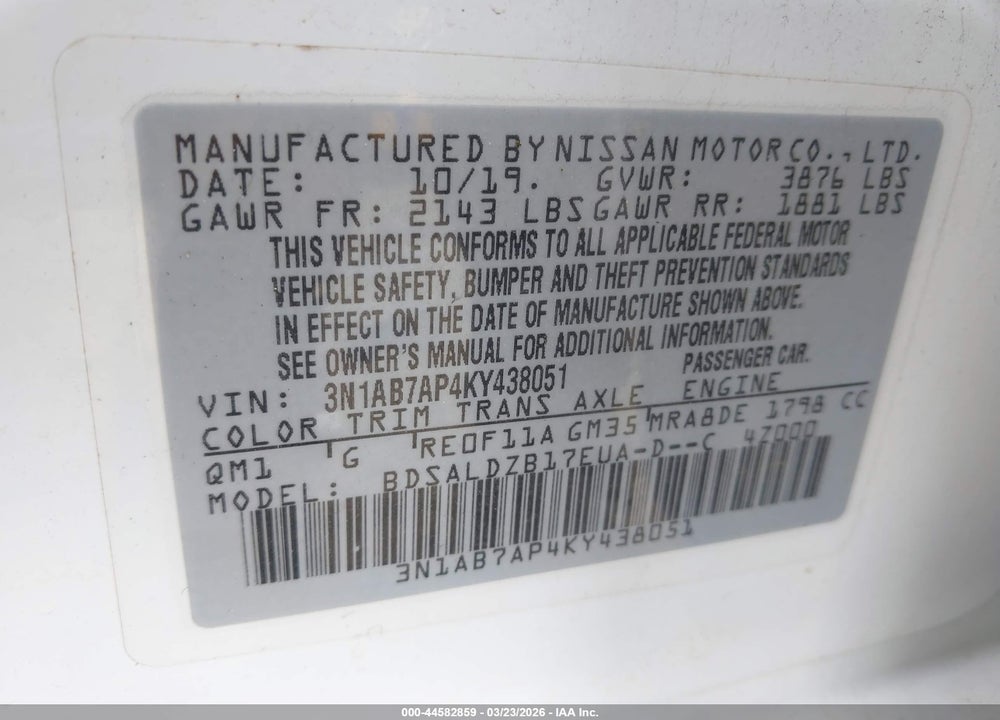 2019 NISSAN SENTRA SV VIN: 3N1AB7AP4KY438051