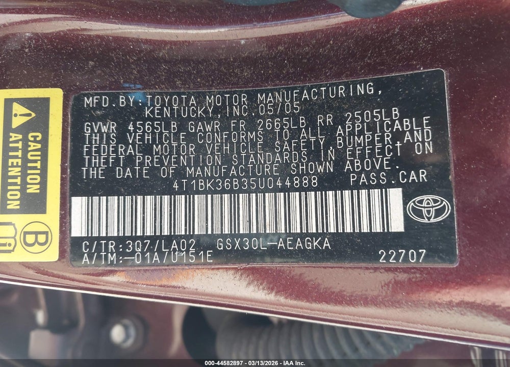 2005 TOYOTA AVALON XLS VIN: 4T1BK36B35U044888