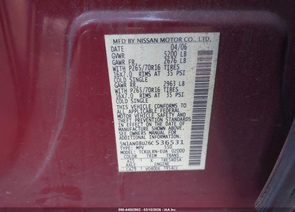 2006 NISSAN XTERRA S VIN: 5N1AN08U26C536531