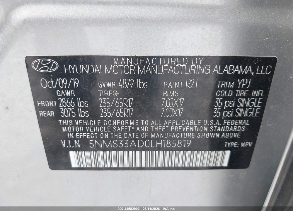2020 HYUNDAI SANTA FE SEL VIN: 5NMS33AD0LH185819